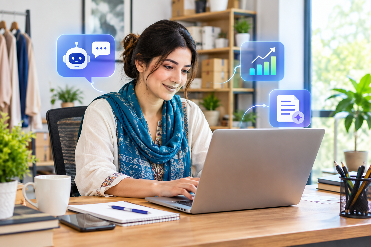 A small business owner working at a laptop in a bright, modern home office, with subtle overlay icons representing AI tools (chat bubble, chart, document) — clean, professional, natural lighting, no text overlay.