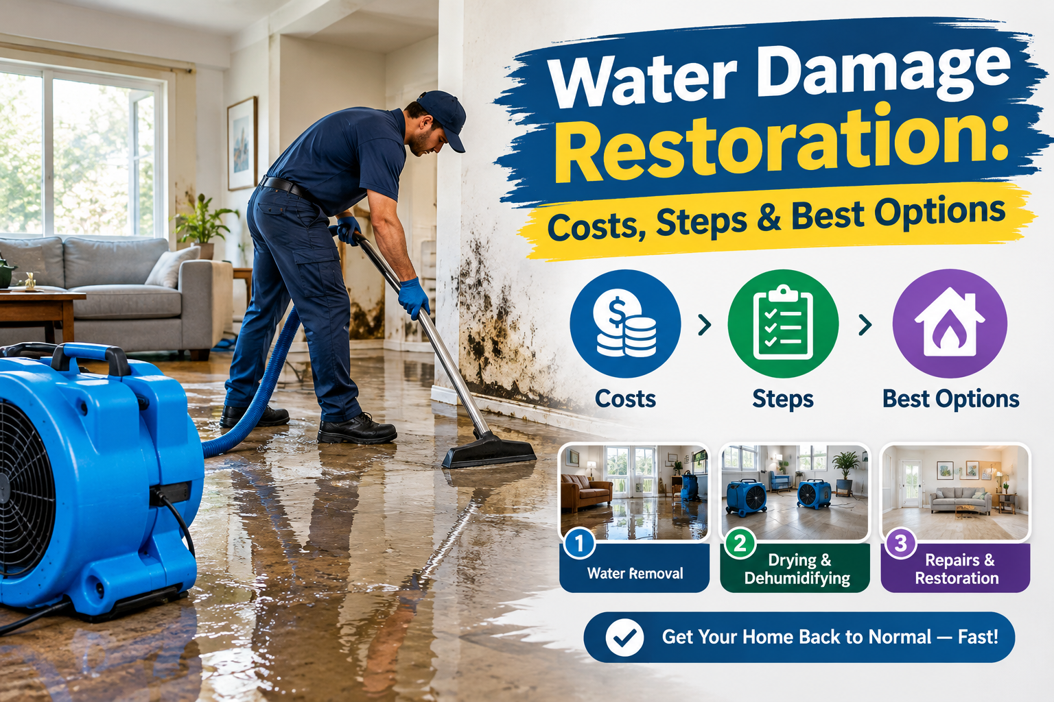 Water damage restoration professional removing water from a flooded home