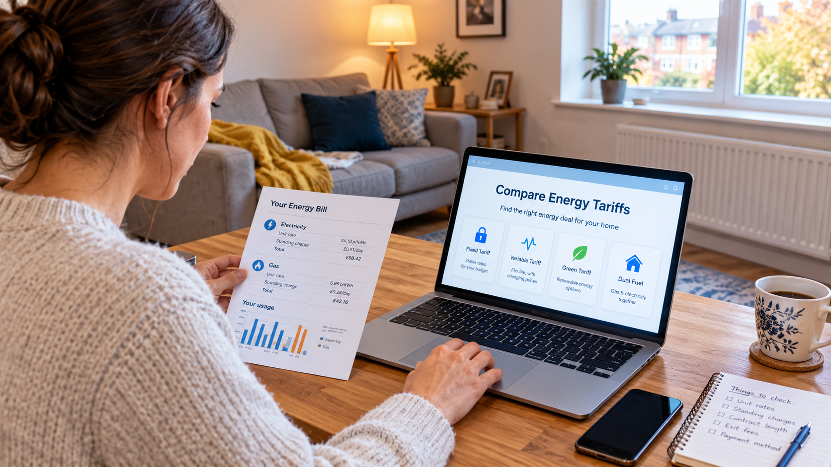 UK energy tariffs comparison showing gas and electricity bills on a laptop.