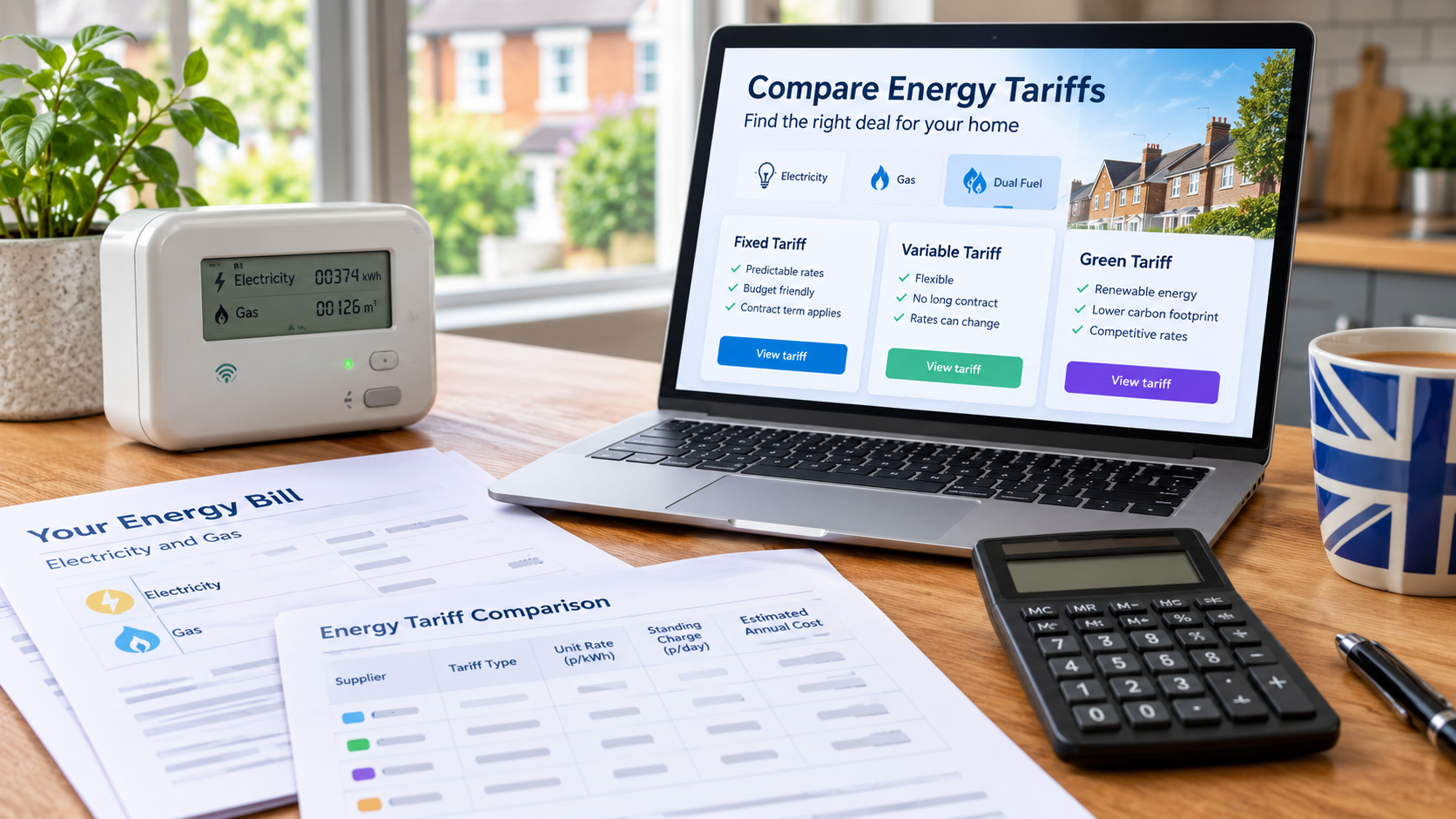 Best energy tariff UK comparison showing energy bills, a smart meter and fixed and variable tariff options.