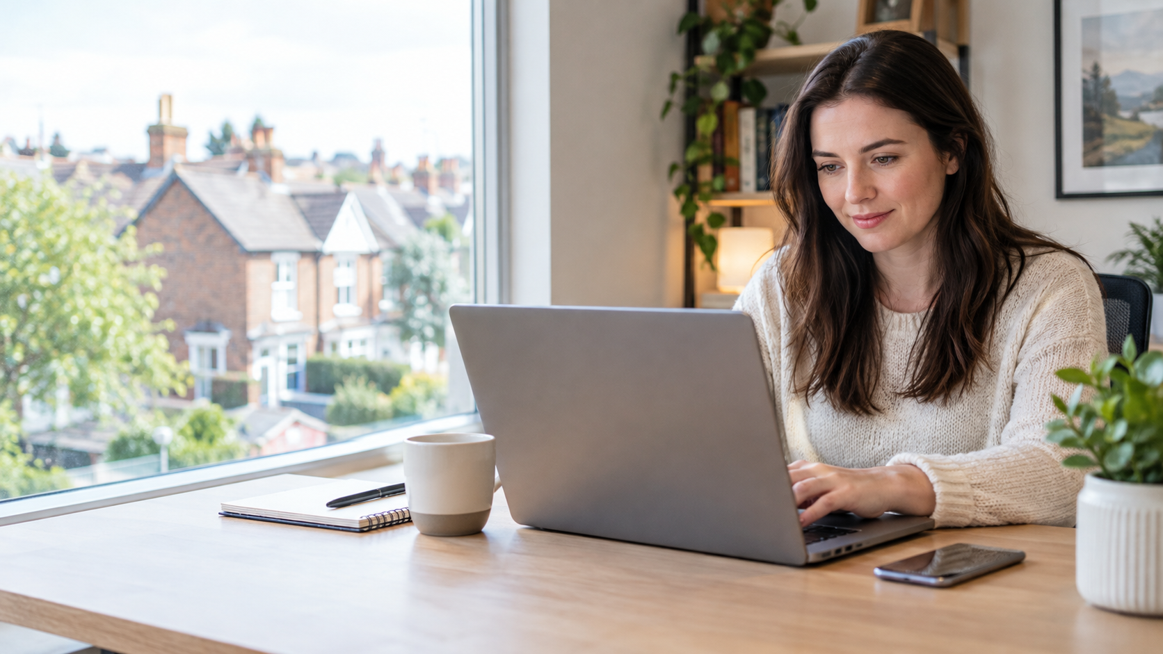 Professional working from home on a laptop in a modern UK home office.