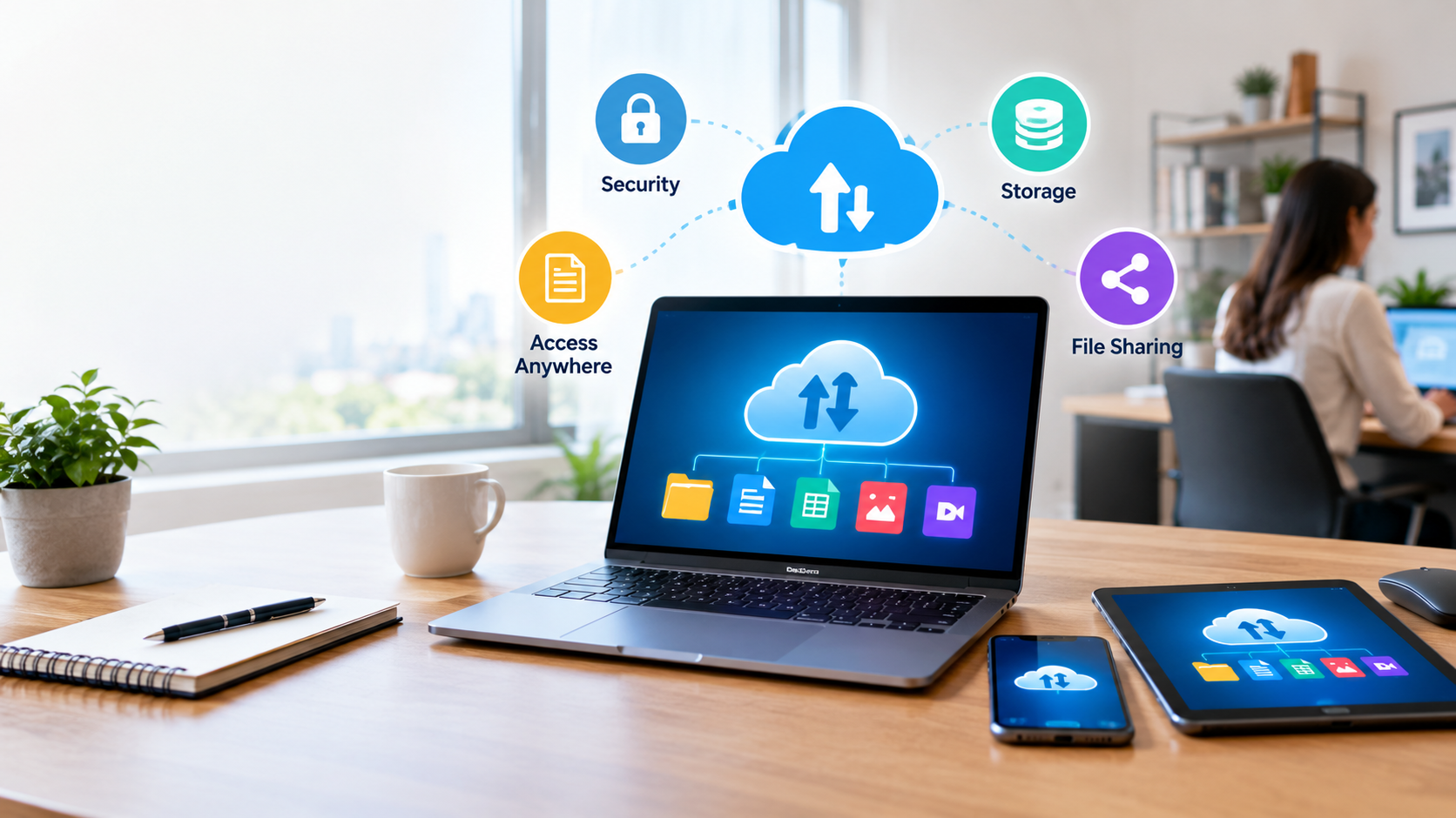 Laptop and mobile devices illustrating secure cloud storage and file synchronization