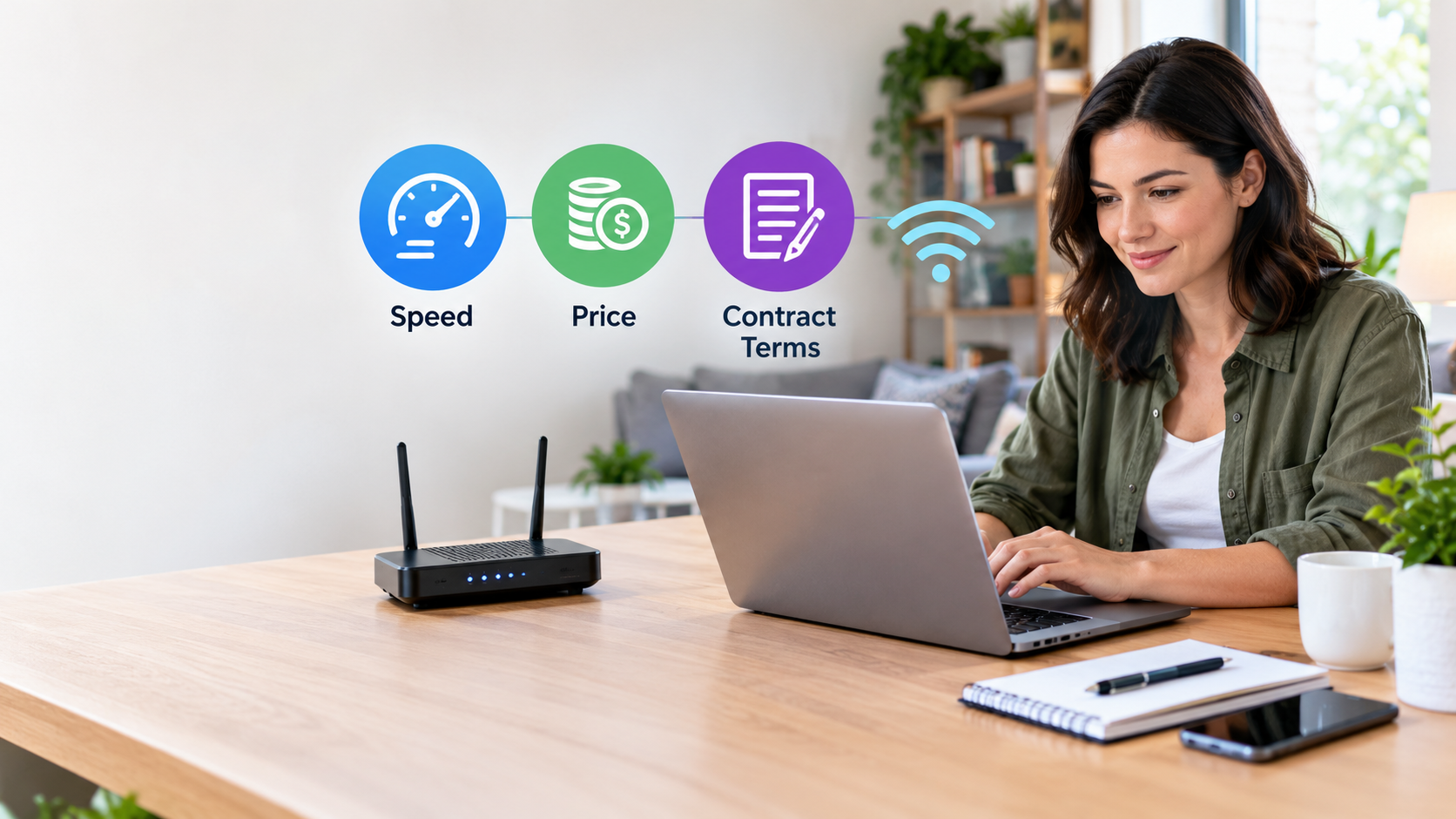 Comparing internet providers by speed, monthly price, and contract terms in a modern home office.