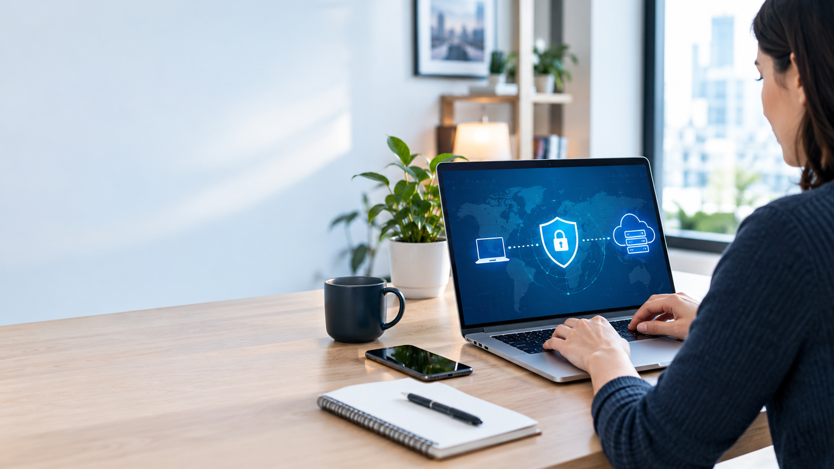 Remote professional using a laptop with a cybersecurity interface while working from home.