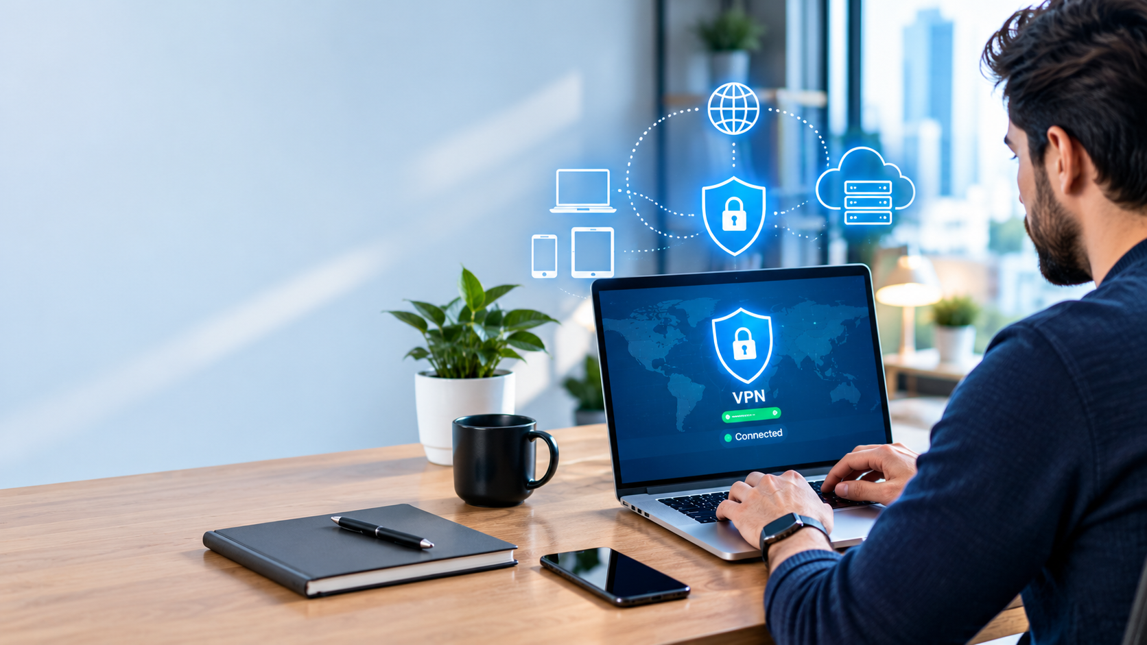 Remote professional using a laptop with a cybersecurity interface while working from home.