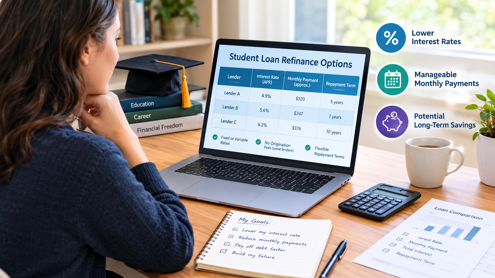 - Student loan refinancing comparison with interest rates and monthly payments.
